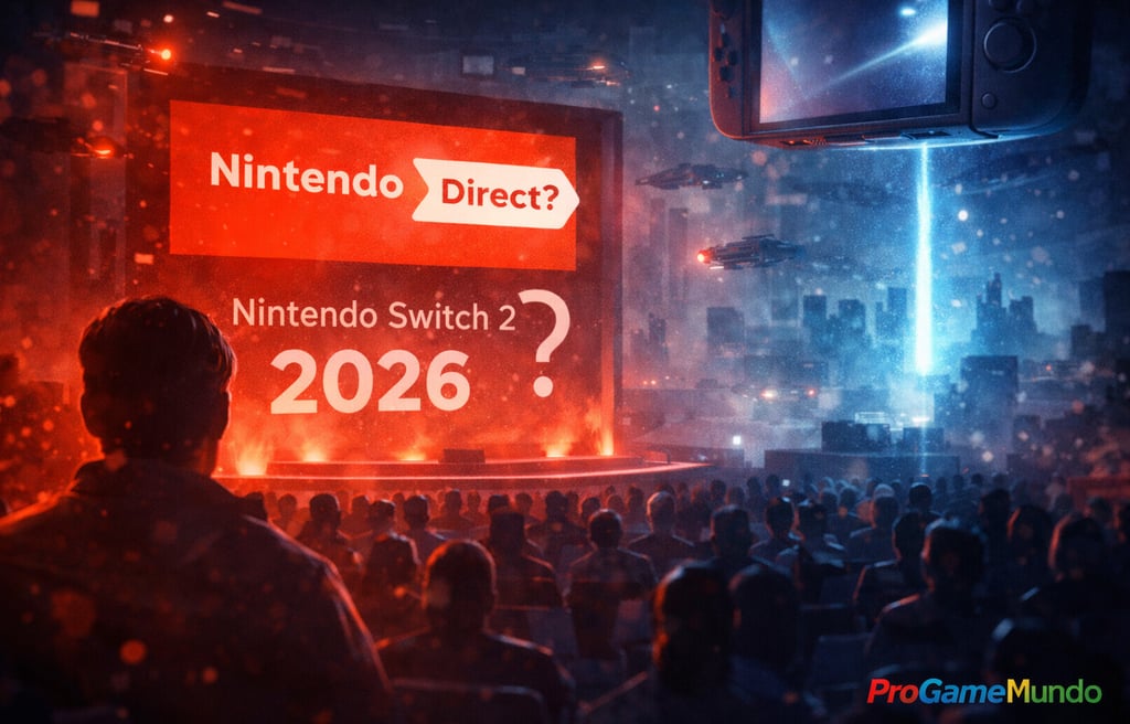 Plateia observa tela “Nintendo Direct?” com referência ao Switch 2 em 2026