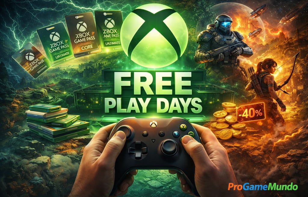 Controle Xbox em primeiro plano com elementos gráficos representando jogos e Free Play Days