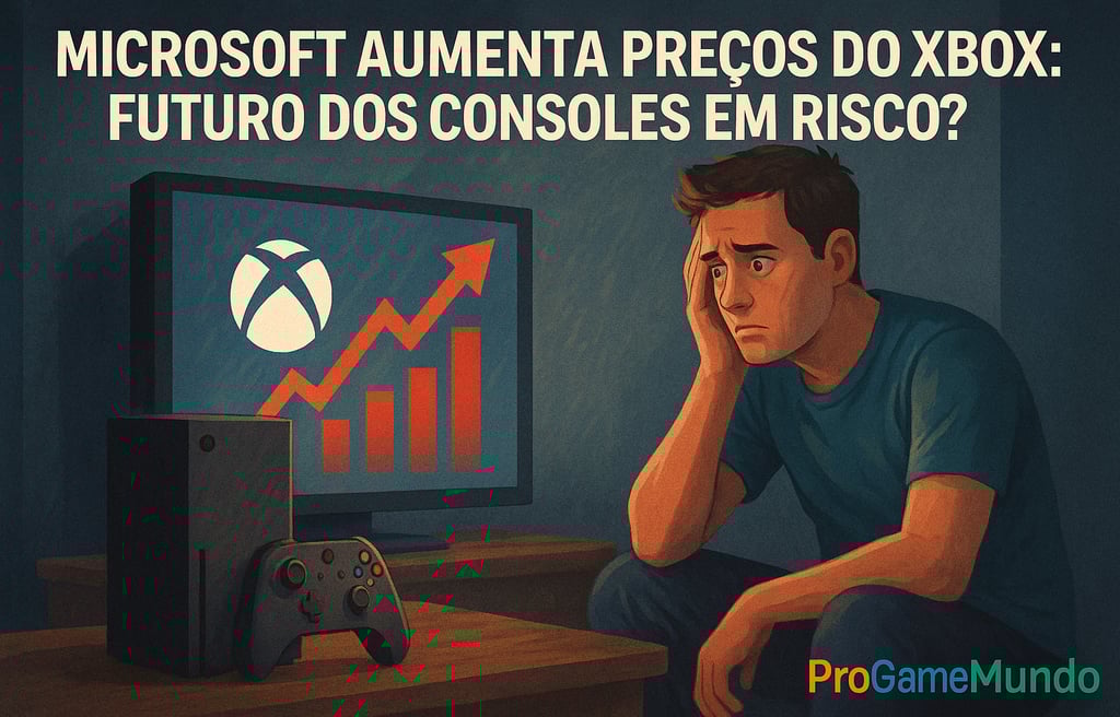 Jogador preocupado olhando para gráfico de aumento de preços do Xbox na TV.
