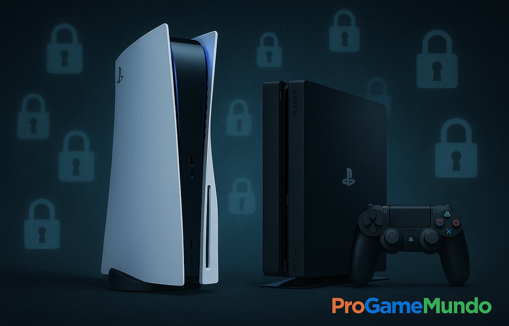 PS5 e PS4 lado a lado com cadeados digitais ao fundo representando risco de banimento