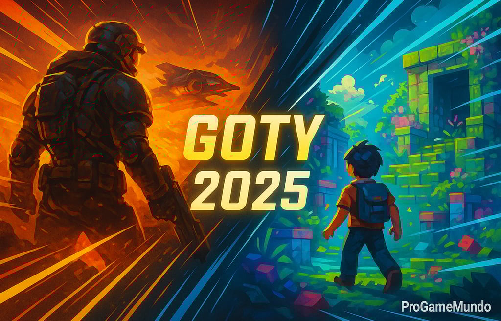 Arte digital horizontal mostra o contraste entre jogos AAA e indies, com a inscrição “GOTY 2025”
