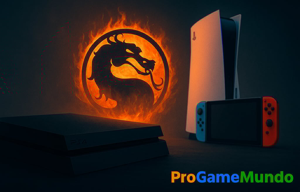 PS4 em destaque sombrio diante do logo de Mortal Kombat em chamas, com PS5 e Nintendo Switch ilumina