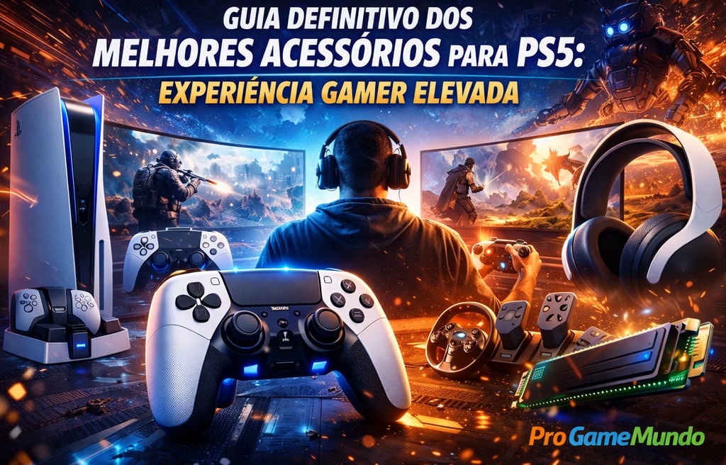 Ilustração com acessórios essenciais do PlayStation 5 que elevam a experiência gamer.