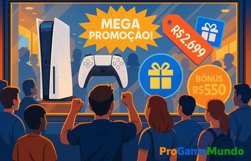 Jogadores olhando para vitrine iluminada com PS5 e anúncios de mega promoção.