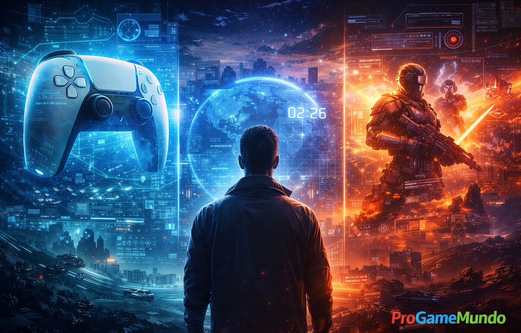 Homem observa cidade futurista com hologramas e elementos tecnológicos.