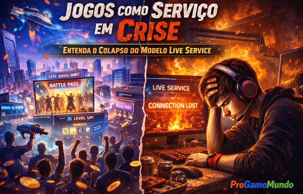 Contraste entre a ascensão e o colapso dos jogos como serviço, mostrando entusiasmo e desgaste do jo