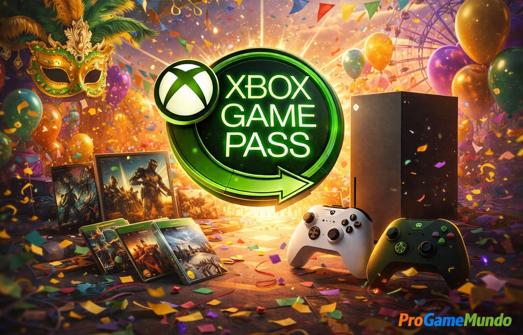 Console, controles e ícone do Game Pass em ambiente festivo com confetes.