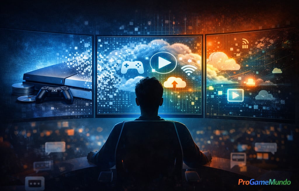 Jogador diante de telas com console, nuvem e símbolos de streaming digital.