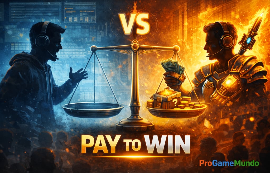 Ilustração mostrando desequilíbrio competitivo causado por pay to win em jogos online