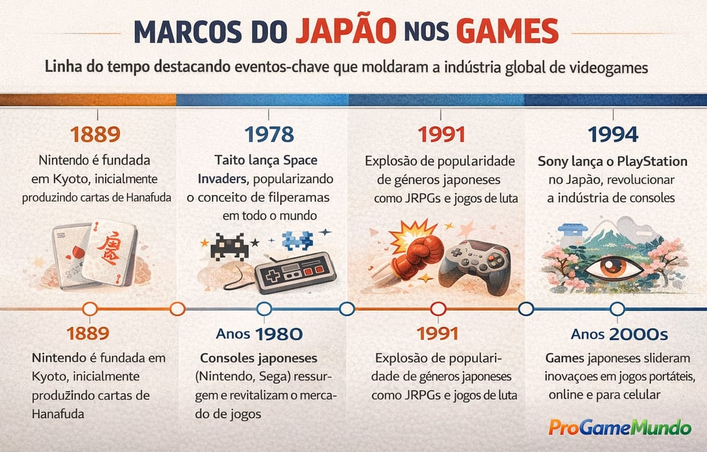 Linha do tempo com marcos do Japão nos games, de Nintendo e arcades ao PlayStation e gêneros japones
