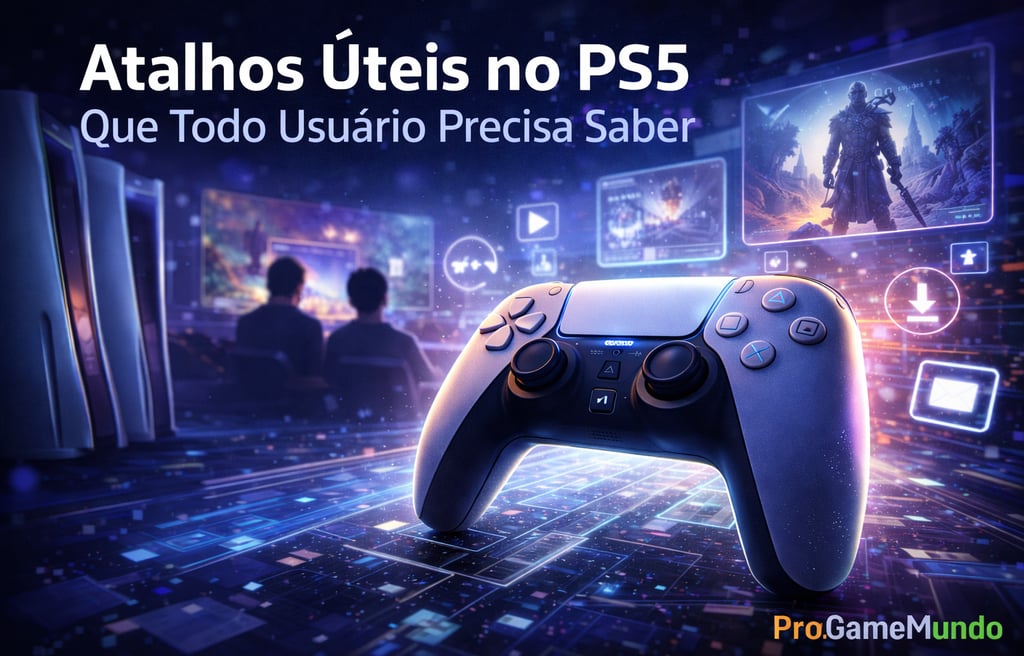 Controle DualSense com ícones de atalhos do PS5 em fundo tecnológico futurista