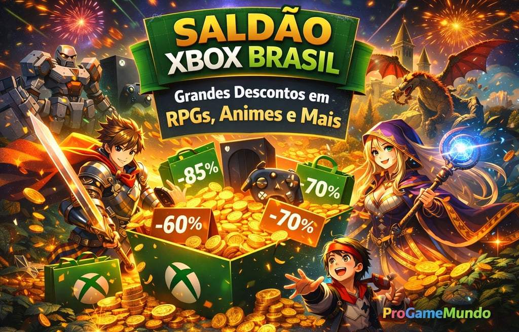 Ilustração do Saldão Xbox Brasil com jogos de RPG, anime e etiquetas de desconto digitais