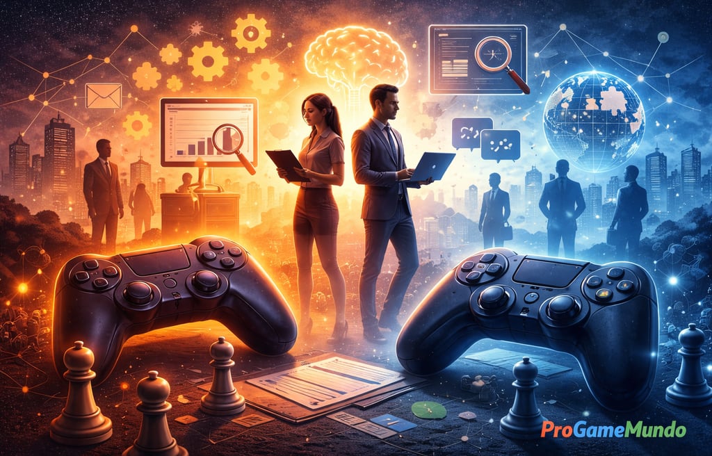 Ilustração mostra games conectados a habilidades profissionais como estratégia, análise e colaboraçã