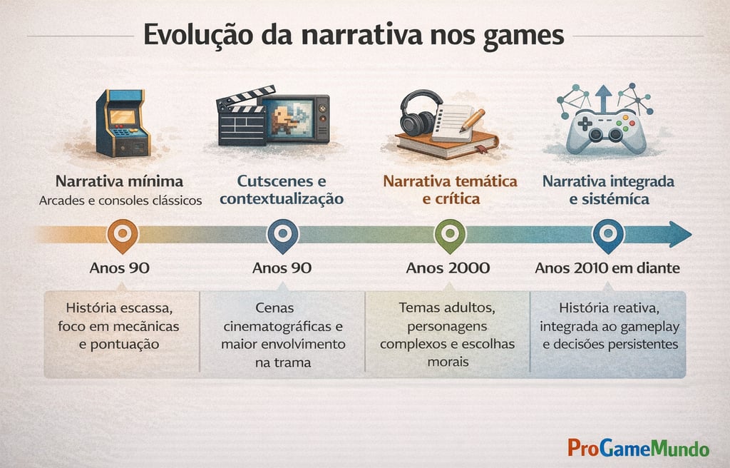 Linha do tempo mostra a evolução da narrativa nos games, do arcade à narrativa integrada moderna.
