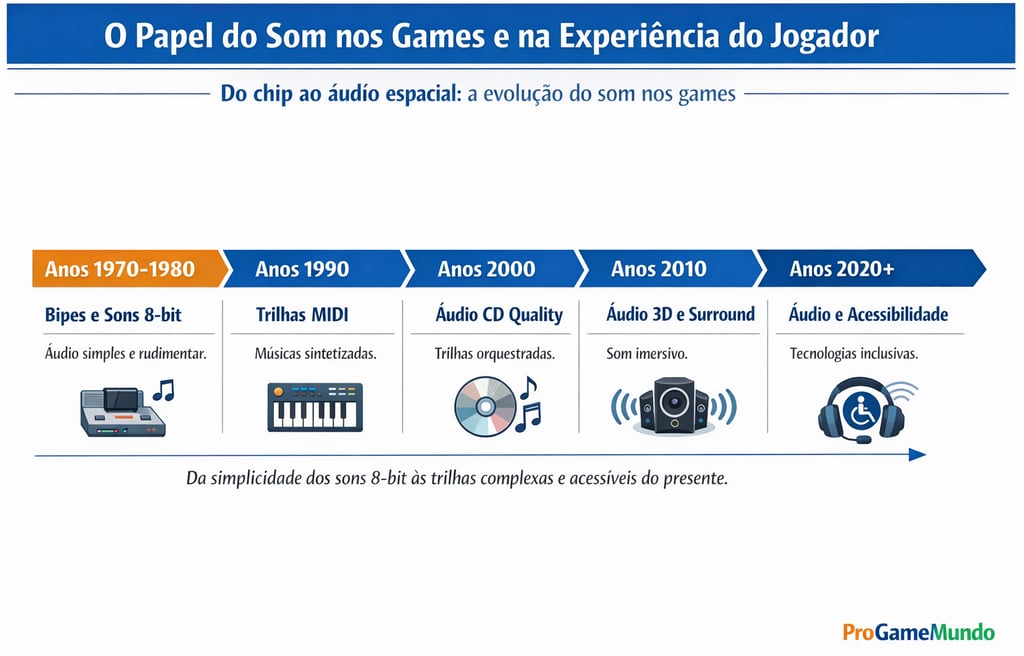 Linha do tempo da evolução do som nos videogames, do 8-bit ao áudio acessível.