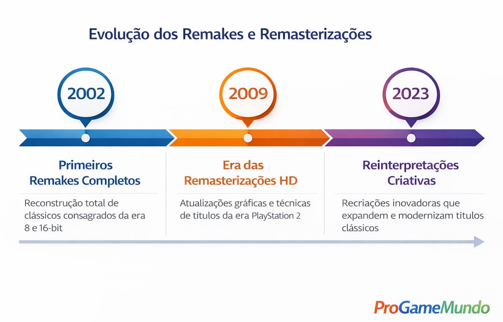 Linha do tempo mostrando a evolução dos remakes e remasterizações de jogos ao longo das gerações
