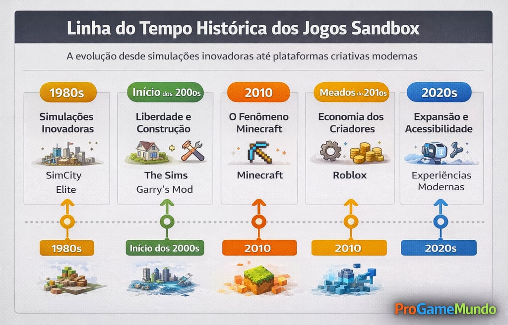 Linha do tempo mostrando a evolução histórica dos jogos sandbox, das simulações iniciais às platafor