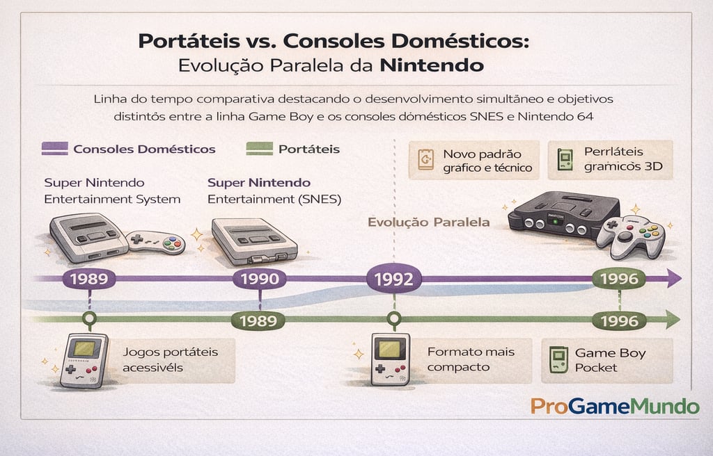 Linha do tempo comparando a evolução dos consoles portáteis e domésticos da Nintendo