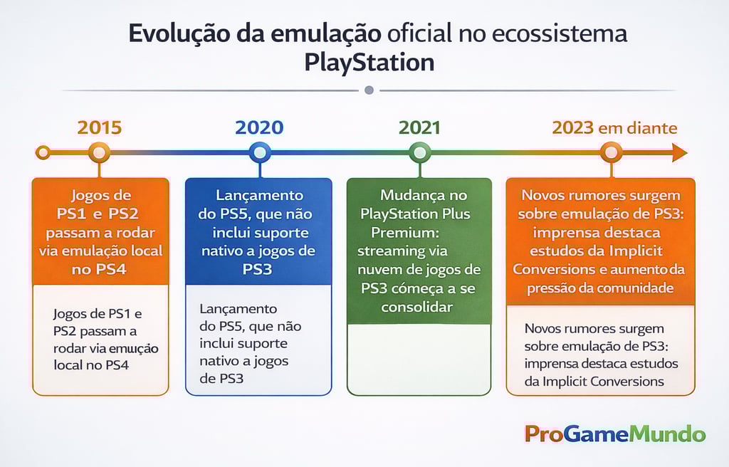 Linha do tempo mostrando a evolução da emulação de PS1, PS2 e os estudos envolvendo PS3