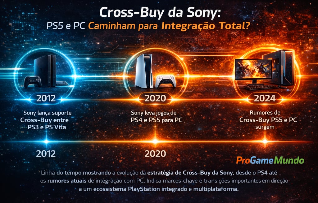 Linha do tempo mostrando a evolução do Cross-Buy da Sony do PS4 ao PS5 e PC.