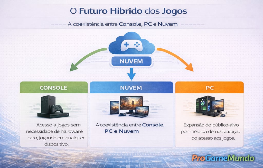 Mapa conceitual mostrando coexistência entre console, PC e cloud gaming no futuro dos jogos