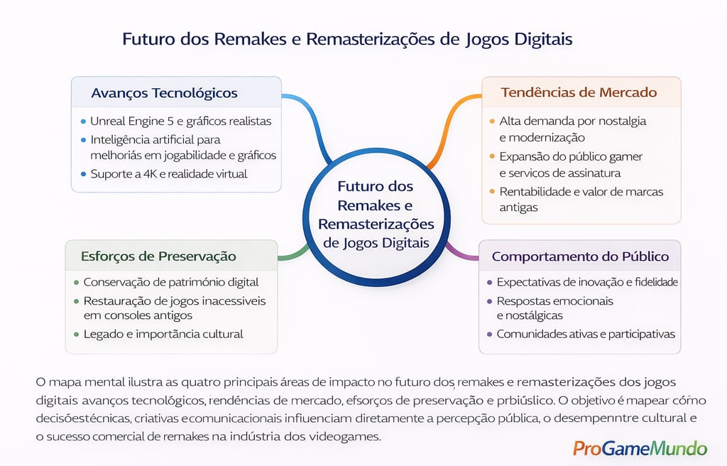 Mapa mental conectando tecnologia, mercado, preservação e comportamento do público nos remakes