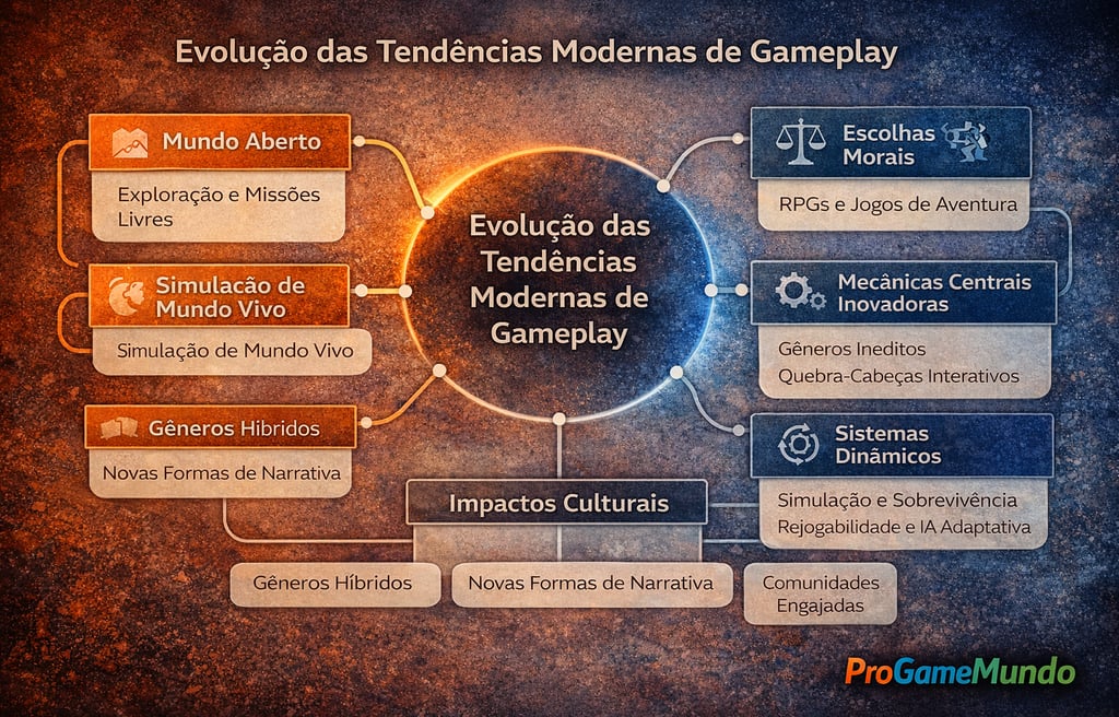Mapa mental conecta tendências modernas de gameplay, sistemas, gêneros e impactos culturais