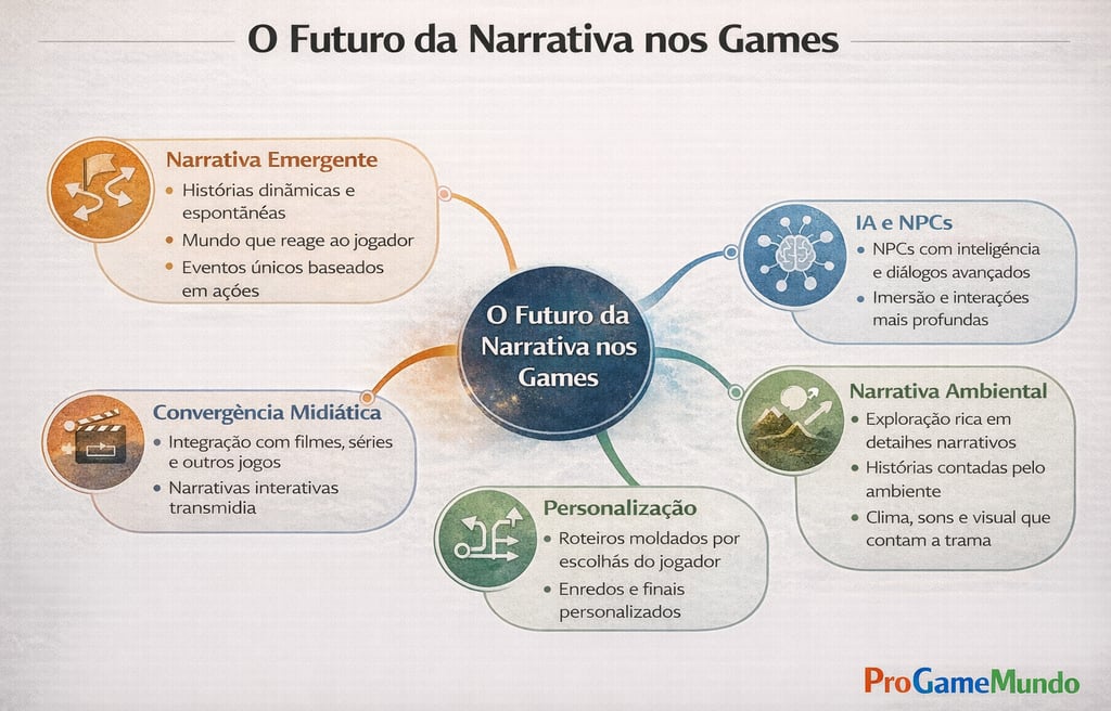 A imagem representa o jogador como agente central da narrativa nos videogames, destacando a convergê