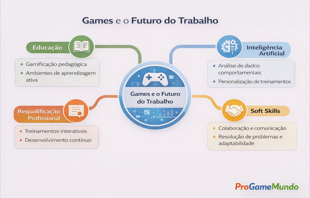 Mapa mental conecta games ao futuro do trabalho por meio de educação, IA, requalificação e soft skil