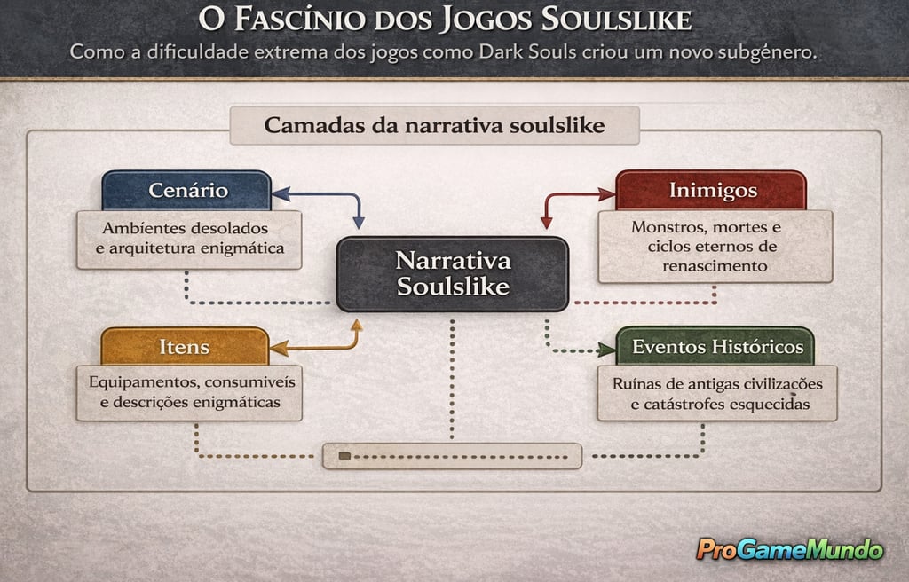 Mapa conceitual mostrando cenário, inimigos, itens e eventos na narrativa soulslike