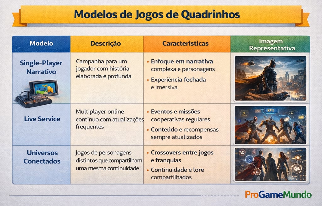 Tabela compara modelos de jogos de quadrinhos: single-player, live service e universos conectados