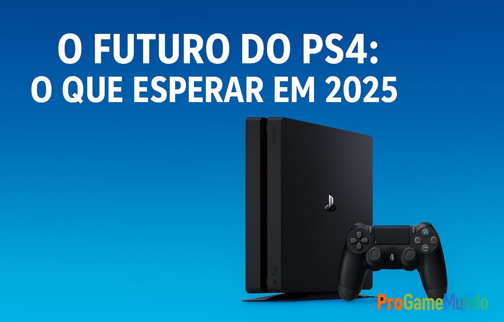 PS4 e seu controle com o título 'O Futuro do PS4: O Que Esperar em 2025' sobre fundo azul