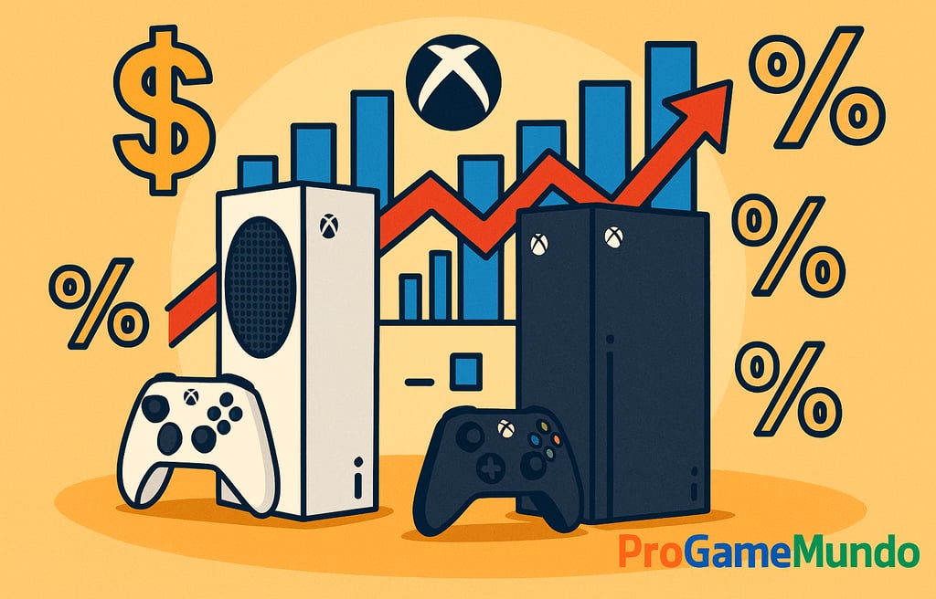 Xbox Series S e Xbox Series X com gráficos e símbolos de aumento de preços.