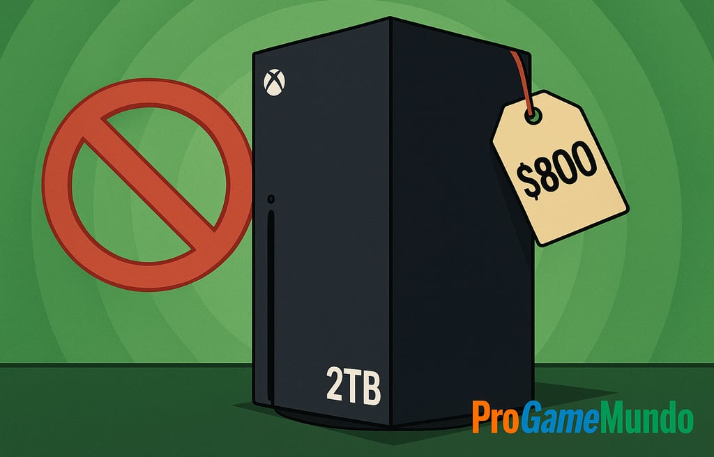 Xbox Series X 2TB com etiqueta de US$ 800 e símbolo de proibição.