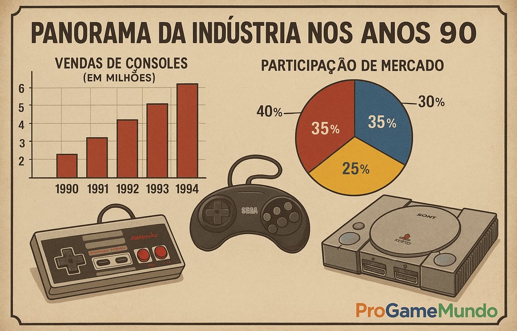 Gráficos de vendas e consoles clássicos dos anos 90.