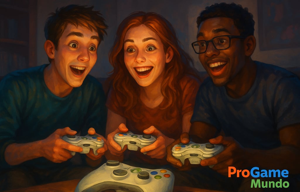 Jogadores sorrindo enquanto jogam Xbox 360, representando o impacto social do console.