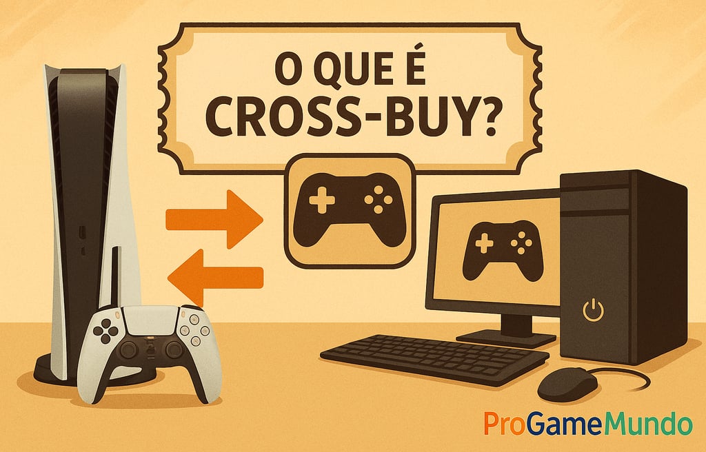 PlayStation 5 e PC conectados por setas simbolizando Cross-Buy