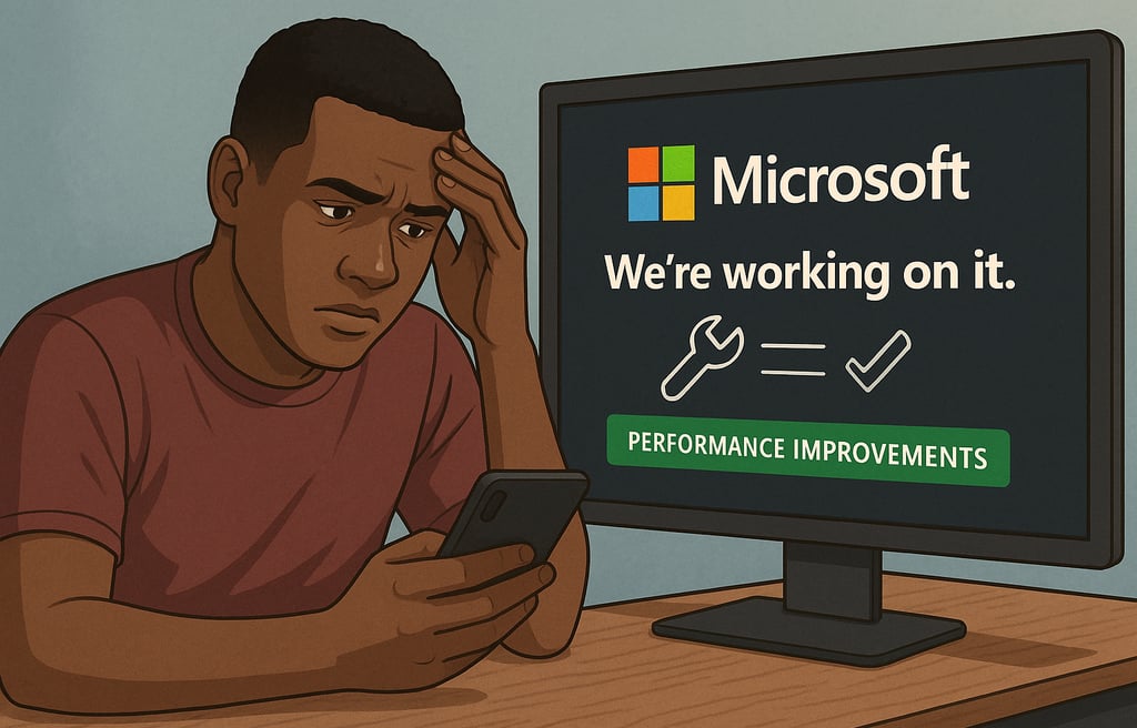 Usuário vê mensagem da Microsoft informando que solução está em andamento.