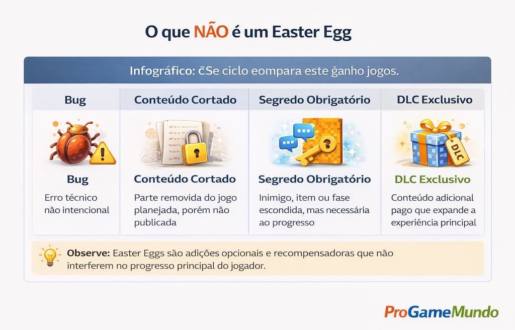Quadro explicando o que não é Easter Egg, diferenciando bugs, DLCs e segredos obrigatórios