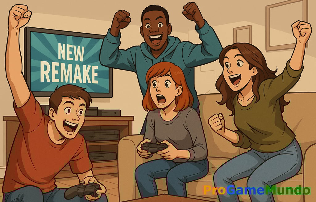 Jogadores comemorando em frente à TV com anúncio de remake.
