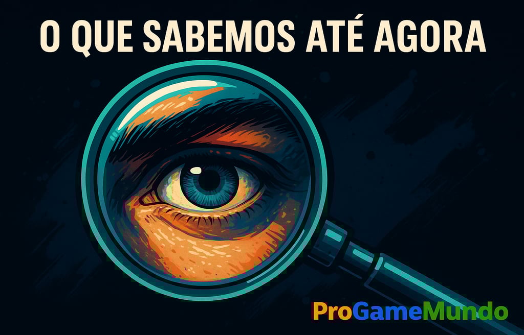 Olho sob lupa em cores azul e laranja, simbolizando investigação e rumores.