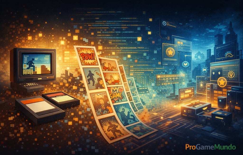 Ilustração mostra a evolução histórica dos jogos de quadrinhos do pixel ao ambiente digital moderno