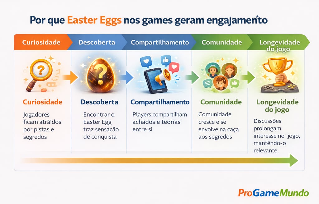 Infográfico mostrando como Easter Eggs geram engajamento e aumentam a longevidade dos jogos