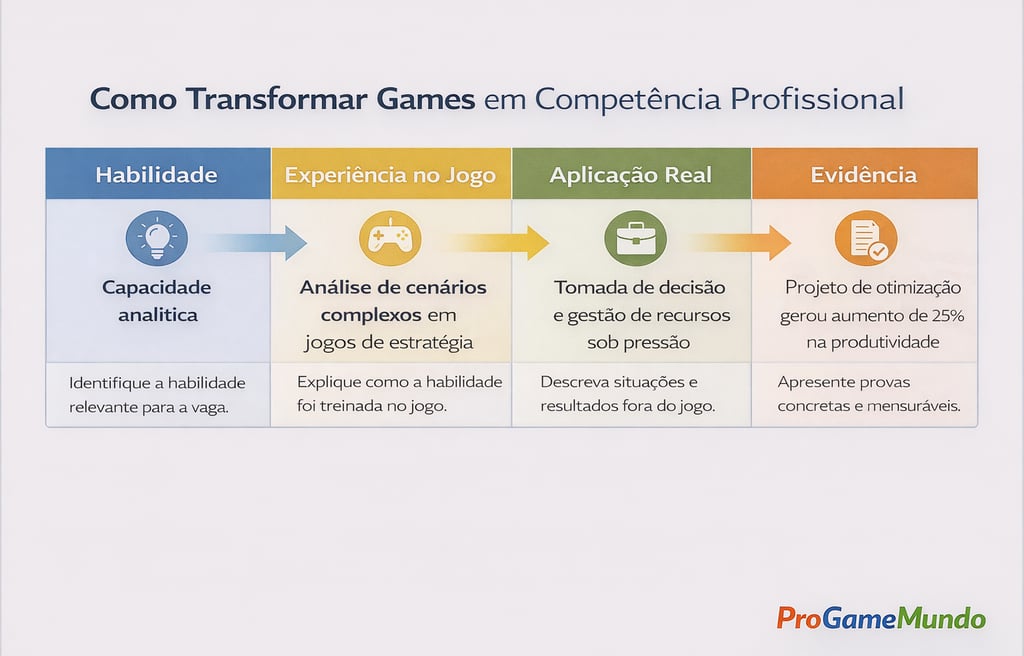 Quadro mostra passo a passo para converter experiência em jogos em competência profissional