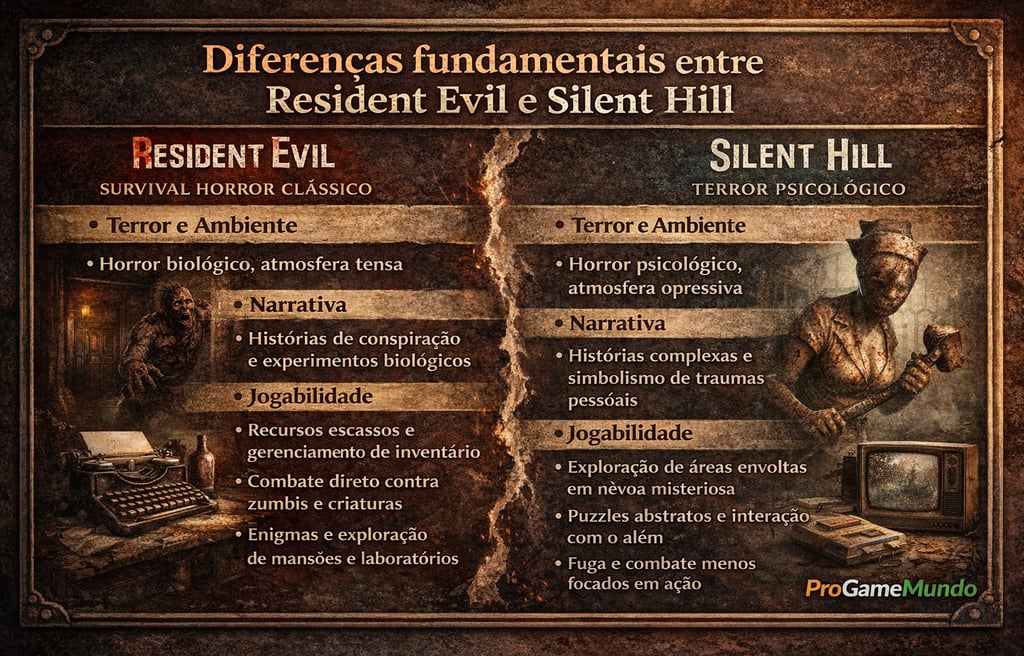 Resident Evil e Silent Hill destacando diferenças entre survival horror e terror psicológico