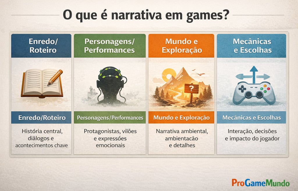 Quadro mostra as quatro camadas da narrativa em games: enredo, personagens, mundo e mecânicas.