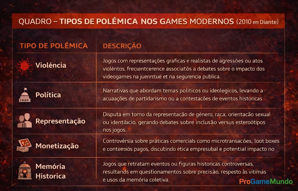 Quadro explicativo com tipos de polêmica nos games modernos desde 2010 e suas descrições