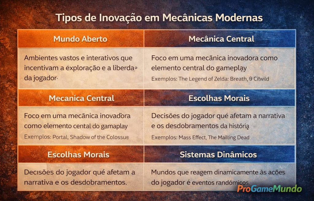Quadro mostra tipos de inovação em mecânicas modernas de gameplay com exemplos práticos