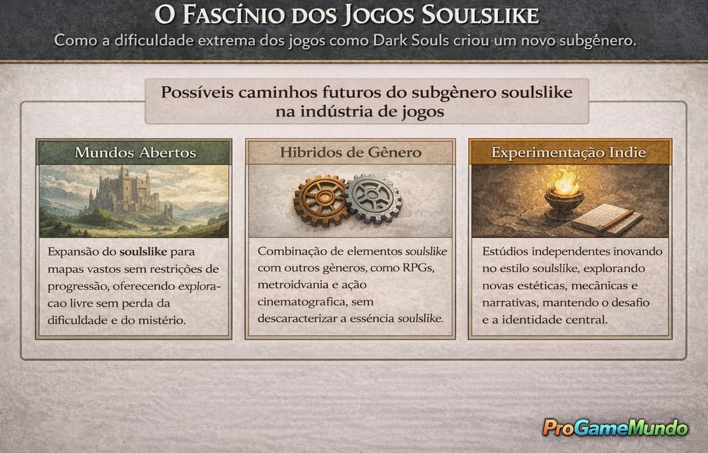 Quadro analítico comparando mundos abertos, híbridos de gênero e soulslikes indie
