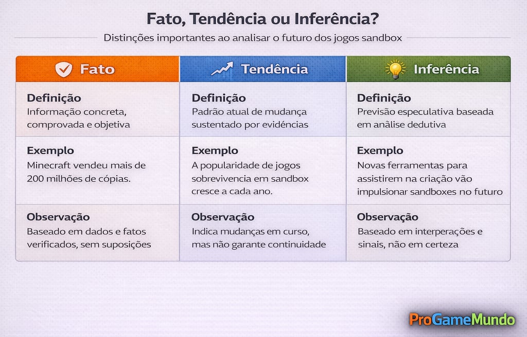 Quadro comparando fatos, tendências e inferências sobre o futuro dos jogos sandbox